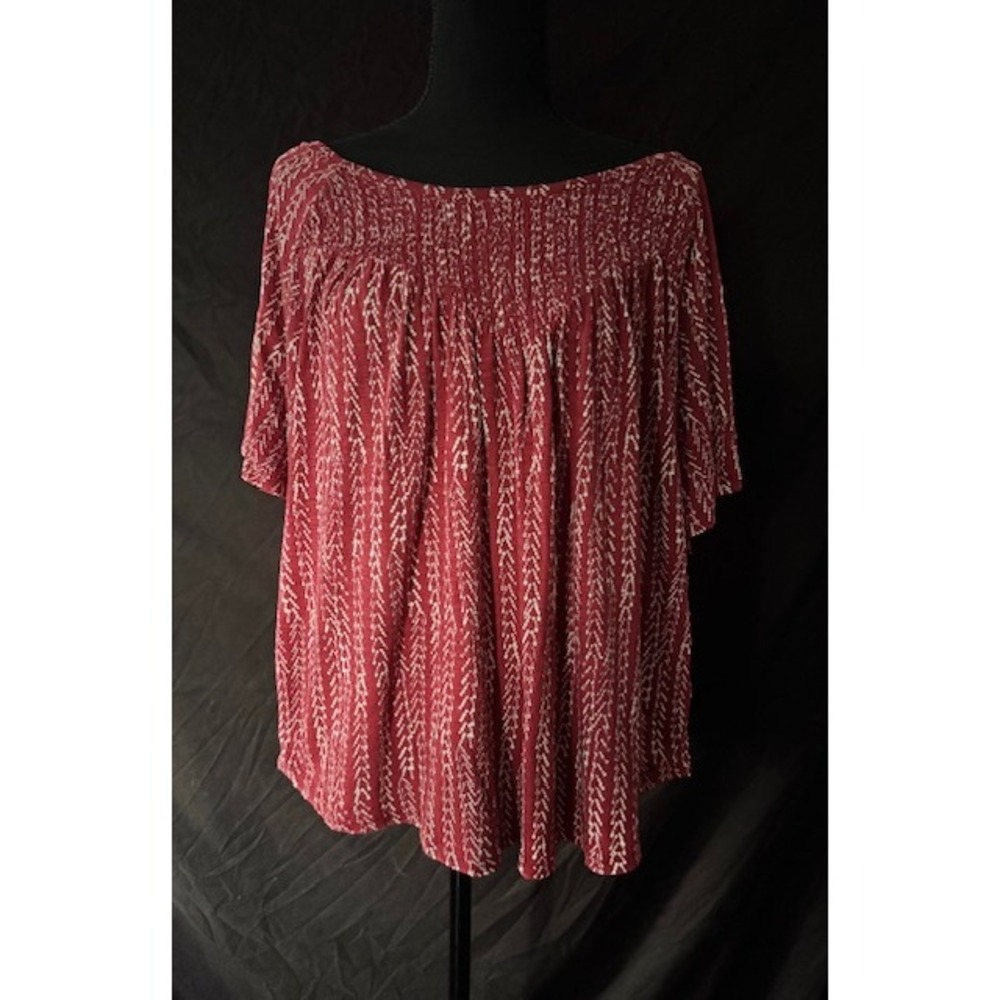 Lucky Brand Red Chevron Print Smocked Boat Neck Short Sleeve Blouse Size Large